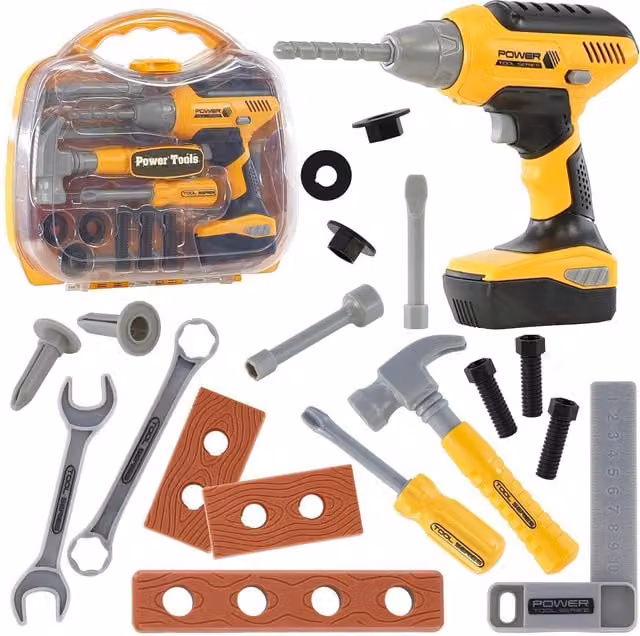 The Magic Toy Shop 20 Piece Kids Workbench Tool Set with Electric Drill in Yellow