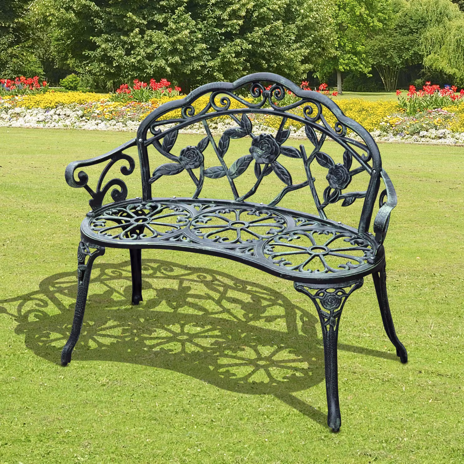 Outsunny Antique Rose Style Powder Coated Aluminium Garden Bench in Green – 2