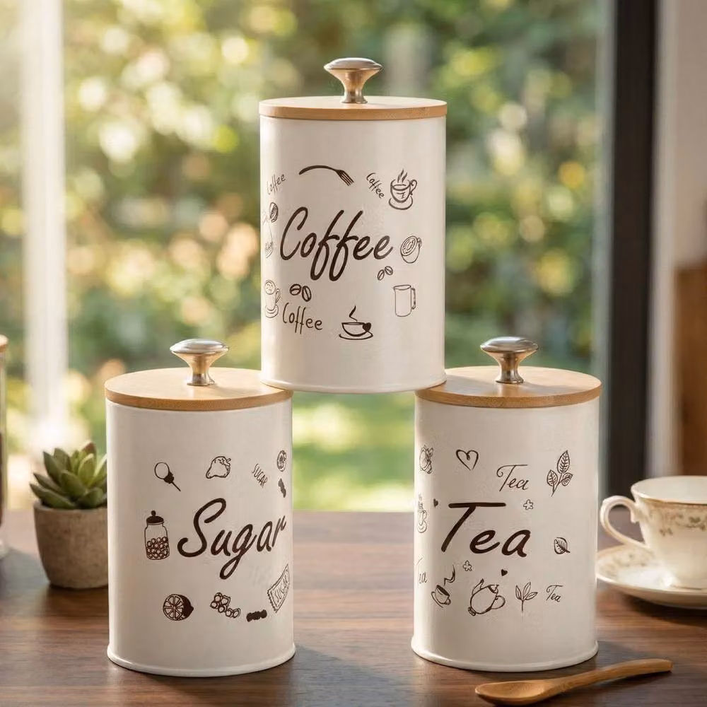 KORVIXA 3-Piece Airtight Metal Tea, Coffee and Sugar Canister Set in Multicolour and White – 3
