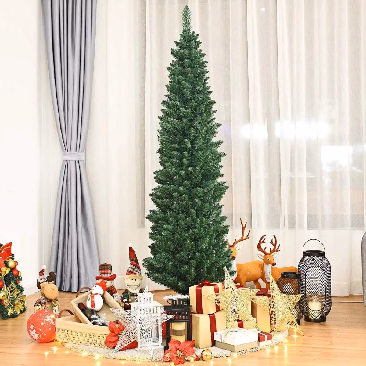 Shatchi 8ft Green Artificial Flocked Slim Christmas Pencil Tree with Metal Stand – 2