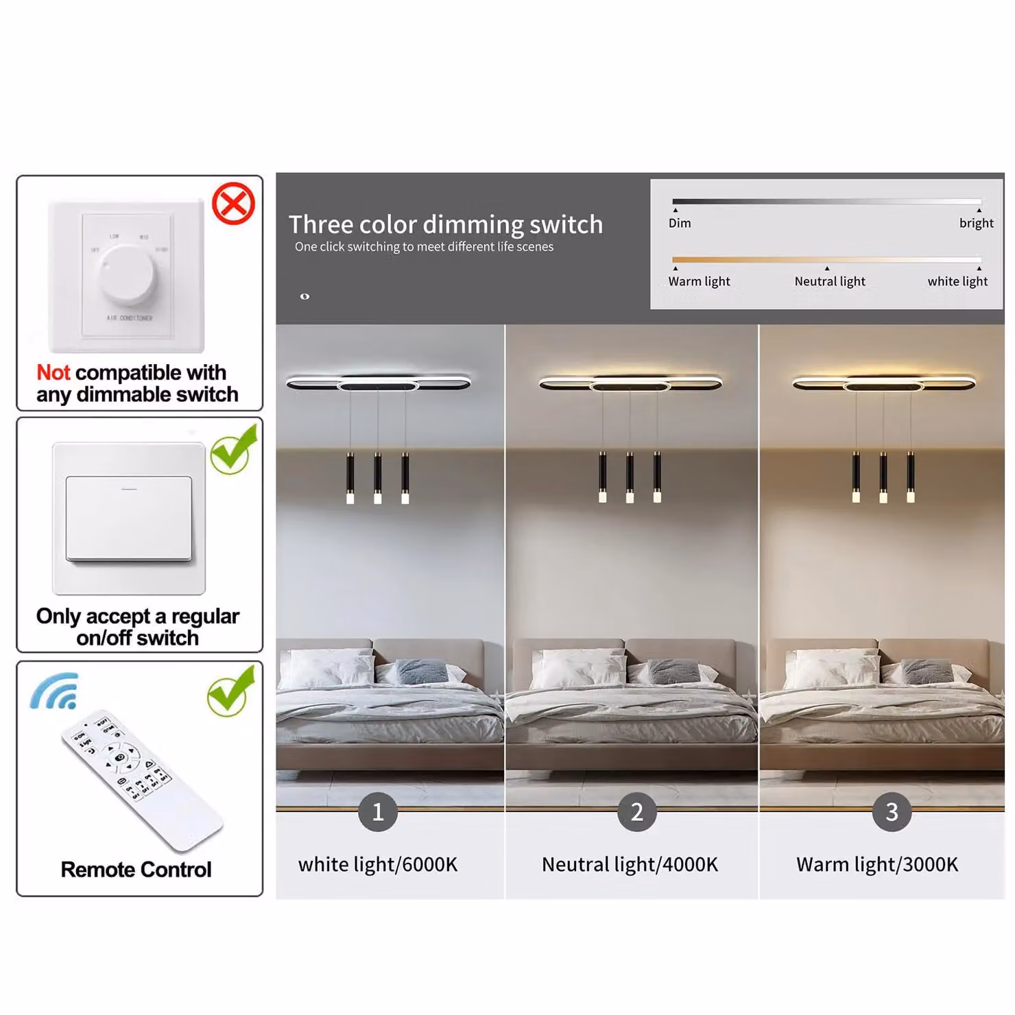 Garwarm Modern White 3 Light LED Suspended Chandelier with Remote Control and Dimmable Function – 4