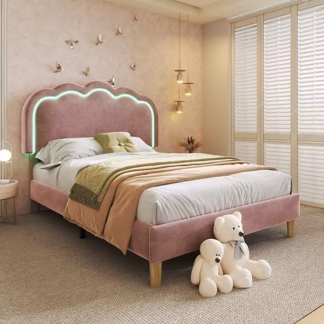 Aosom UK Pink Velvet Upholstered Single Bed with LED Adjustable Headboard and Wooden Slats, L: 197 cm, W: 101 cm, H: 109 cm
