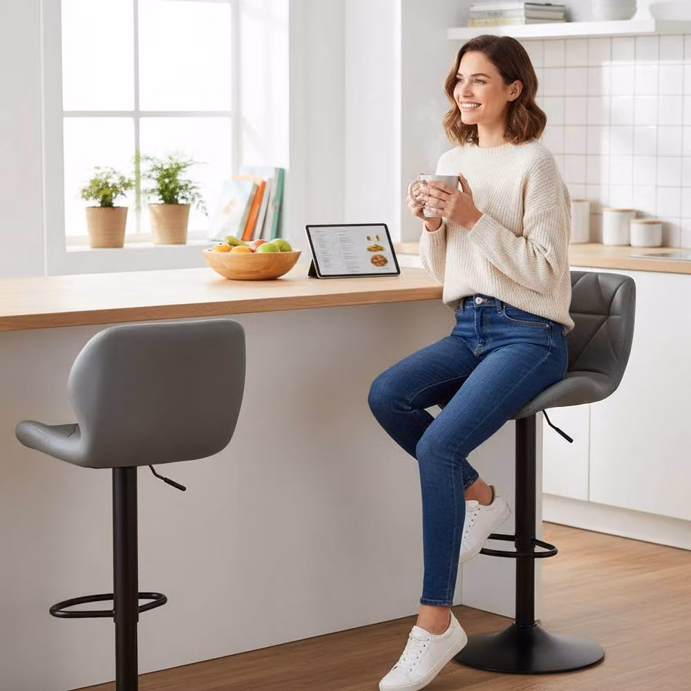 Alivio Set of 2 Modern Adjustable Bar Stools in Dark Grey Faux Leather – 9
