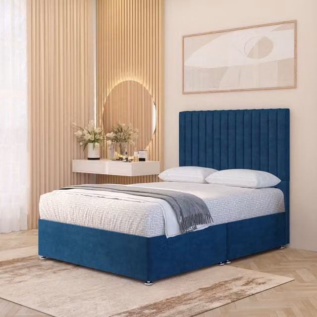 Somnior Beds Ltd Verona Velvet Orthopaedic Pocket Spring Divan Bed Set with Headboard and Drawers, Blue, W/D/H: 180 x 200 x 30 cm