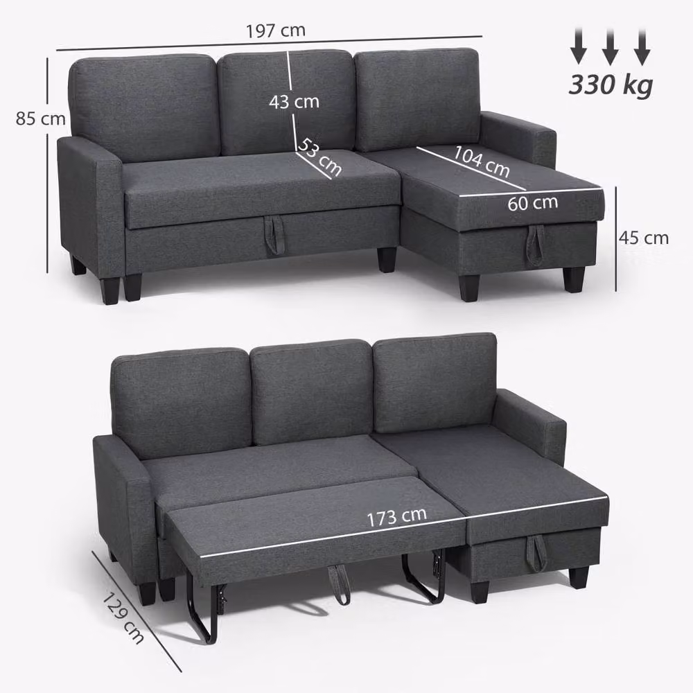 Wyld Haus Lulo 3 Seater Fabric Sofa Bed with Reversible Chaise in Charcoal Grey – 3