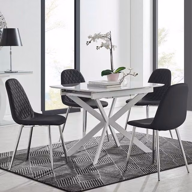 FurnitureboxUK LIRA 100 Extending Rectangular Glass Dining Table and 4 Corona Silver Leg Chairs in Black and White