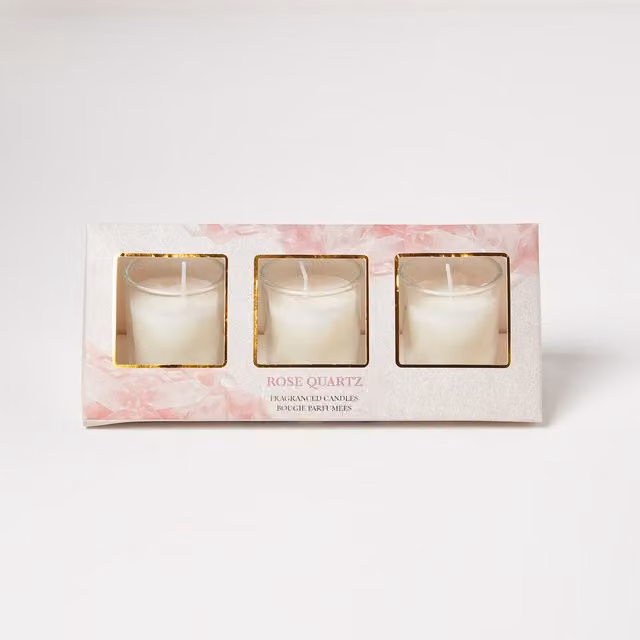 Homescapes Rose Quartz Rose and Eucalyptus Crystal Scented Votive Candle Set, Pack of 3, Pink and White