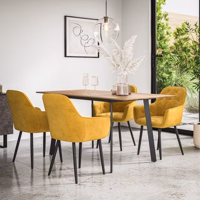 More4Homes Haydon Extending Dining Table and 4-6 Anika Velvet Chairs Set in Yellow and Black, W/D/H: 120 x 80 x 76 cm