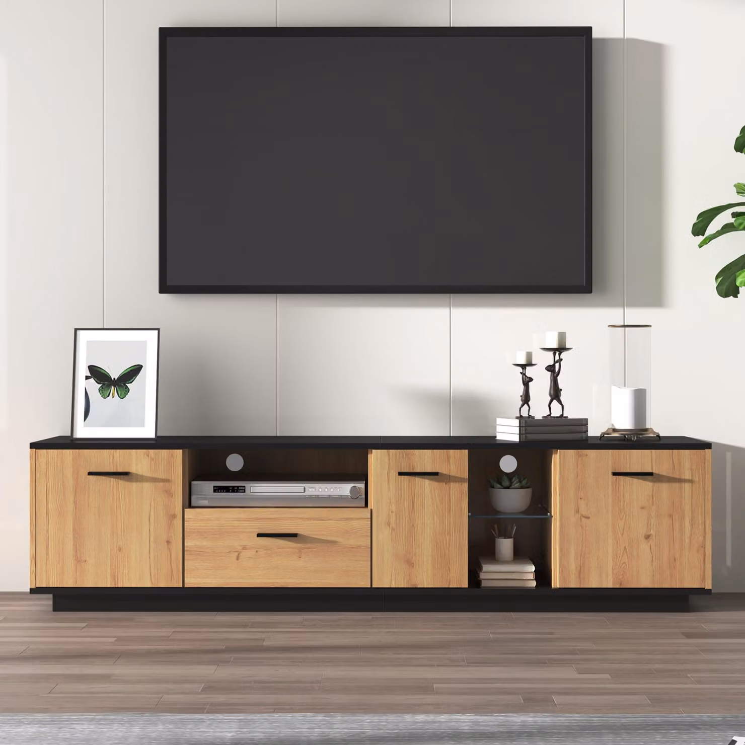 Aosom UK Modern TV Cabinet with 3 Doors, Drawer and 2 Open Glass Compartments in Black and Wood, W/D/H: 180 x 37 x 45 cm – 7
