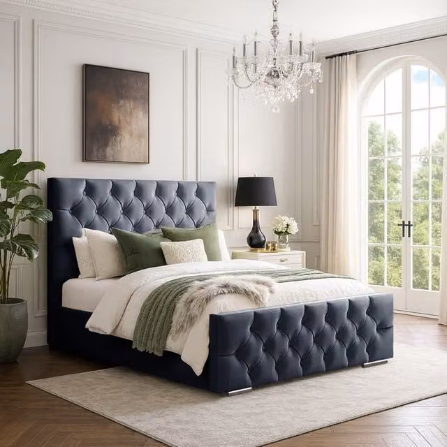 Desire Deco Chesterfield Upholstered Velvet Bed Frame, Grey, 140 x 200 cm