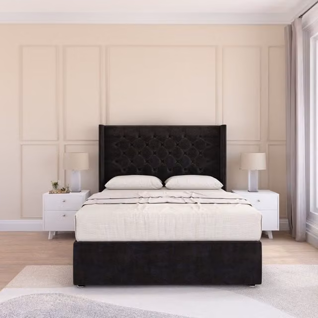 Sloomy Dior Wing Bed Set with Ortho Sprung Mattress and 54 inch Floor Standing Headboard in Black Plush Velvet, W/D/H: 120 x 200 cm