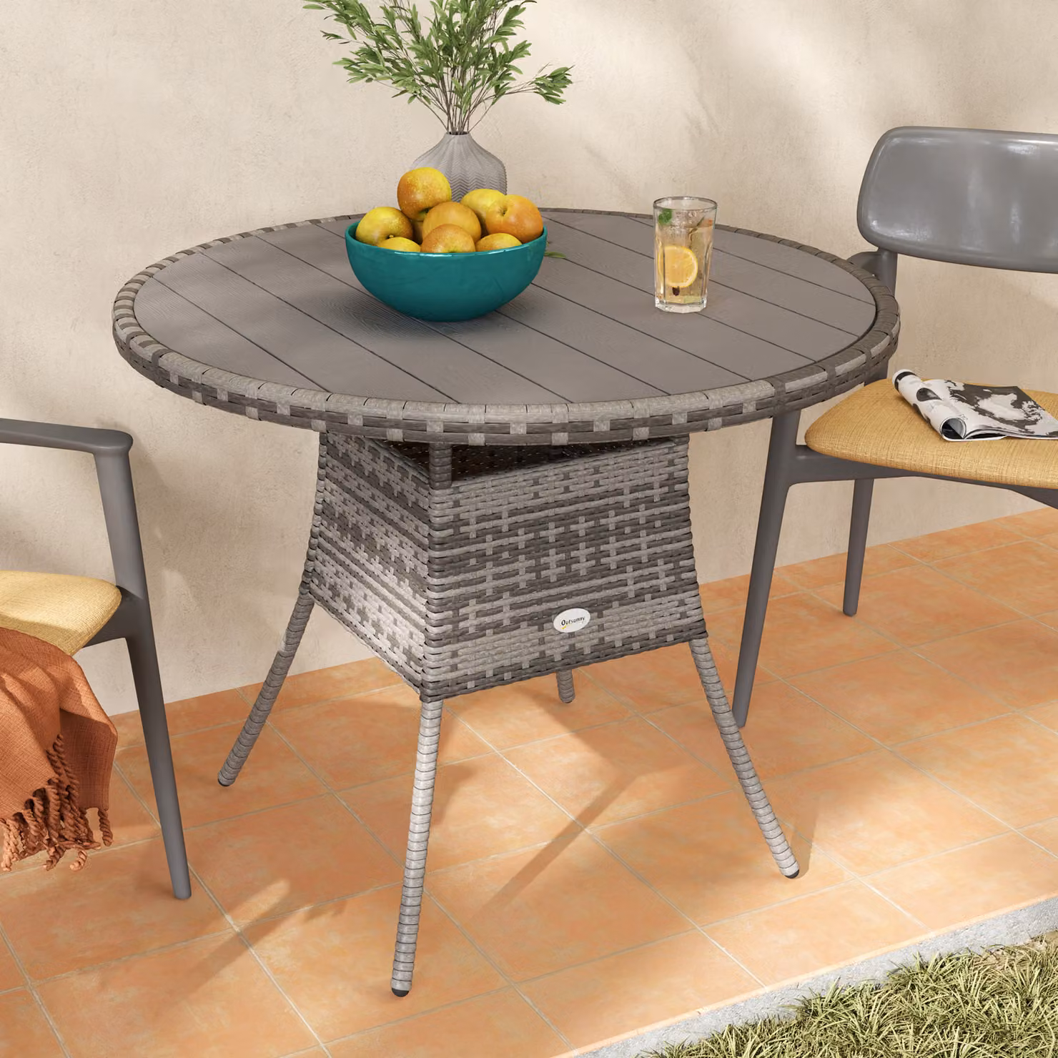 Outsunny Grey Wood-Effect Rattan Round Garden Table for Four, Diameter: 90 cm – 6