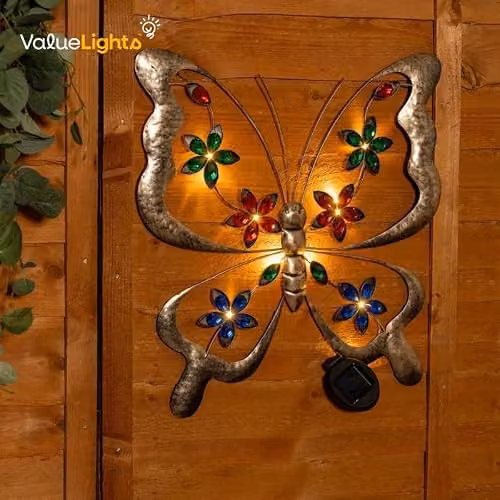 ValueLights Butterfly Solar Multi Coloured Metal Outdoor Wall Art Garden Fence Ornament Light – 4