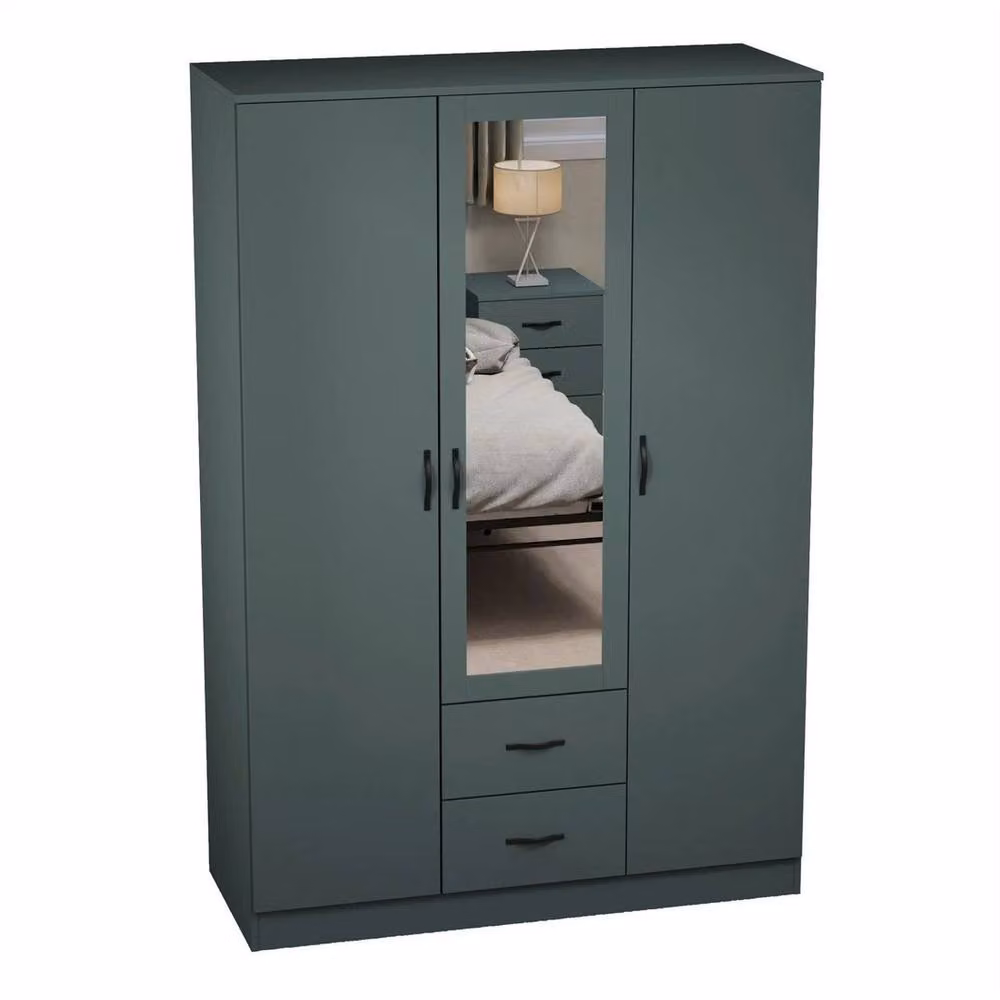 SPETLEK Green Wooden 3 Door 2 Drawer Mirrored Wardrobe Storage Cupboard – 2