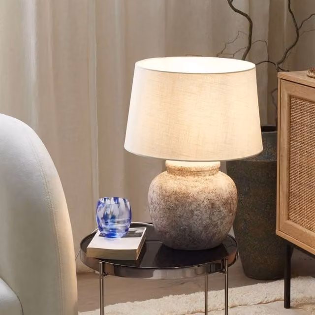 Wyld and Coco Beige Ceramic Table Lamp with White Fabric Shade, Height: 50 cm