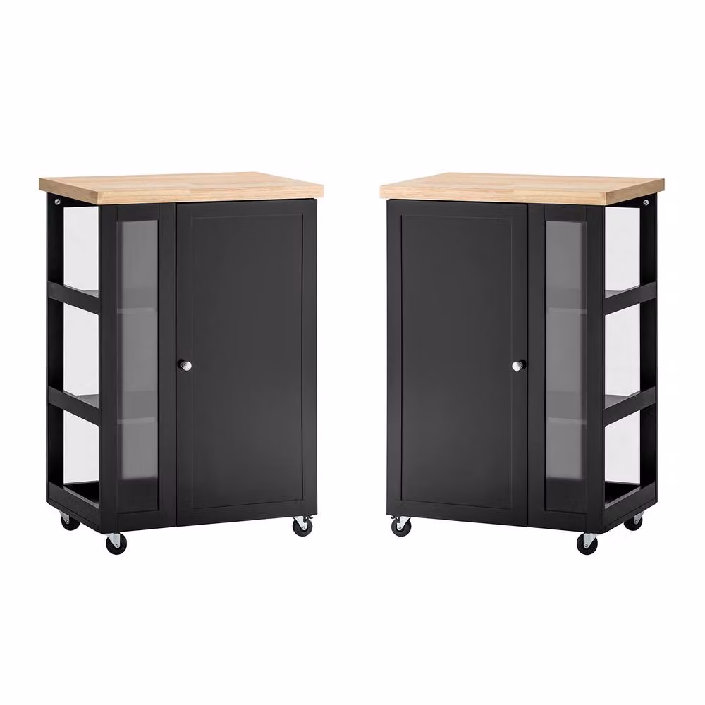 SoBuy Compact Kitchen Trolley in Black with Wood-Effect Top and Hinged Doors – 3