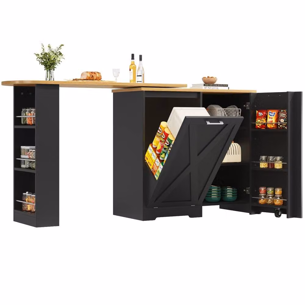 BTM Modern Black Rotating Kitchen Island with Folding Doors and Side Shelves, W/D/H: 105.5 x 38 x 38 cm – 8