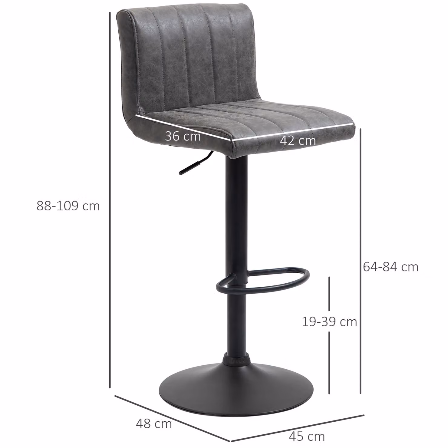 HOMCOM Set of 2 Grey PU Leather Swivel Counter Bar Chairs with Adjustable Height – 3