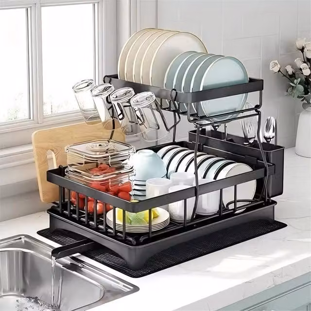 Havendro 2 Tier Expandable Dish Drainer Rack with Cutlery Holder and Drip Tray, Black, W: 100 cm, D: 15 cm, H: 33.02 cm