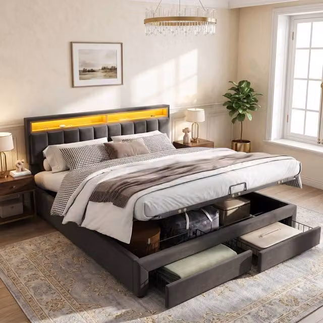 BTM Grey Fabric Upholstered Super King Bed with LED Under-Bed Lighting and Storage Drawers, W/D/H: 200 x 135 x 135 cm