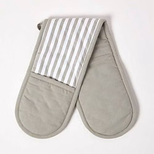 Homescapes Grey and White Cotton Double Oven Glove, W/H: 18 x 84 cm