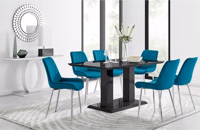 FurnitureboxUK Imperia 6-Person Blue Dining Set with Black Rectangular Table and 6 Pesaro Silver Leg Chairs