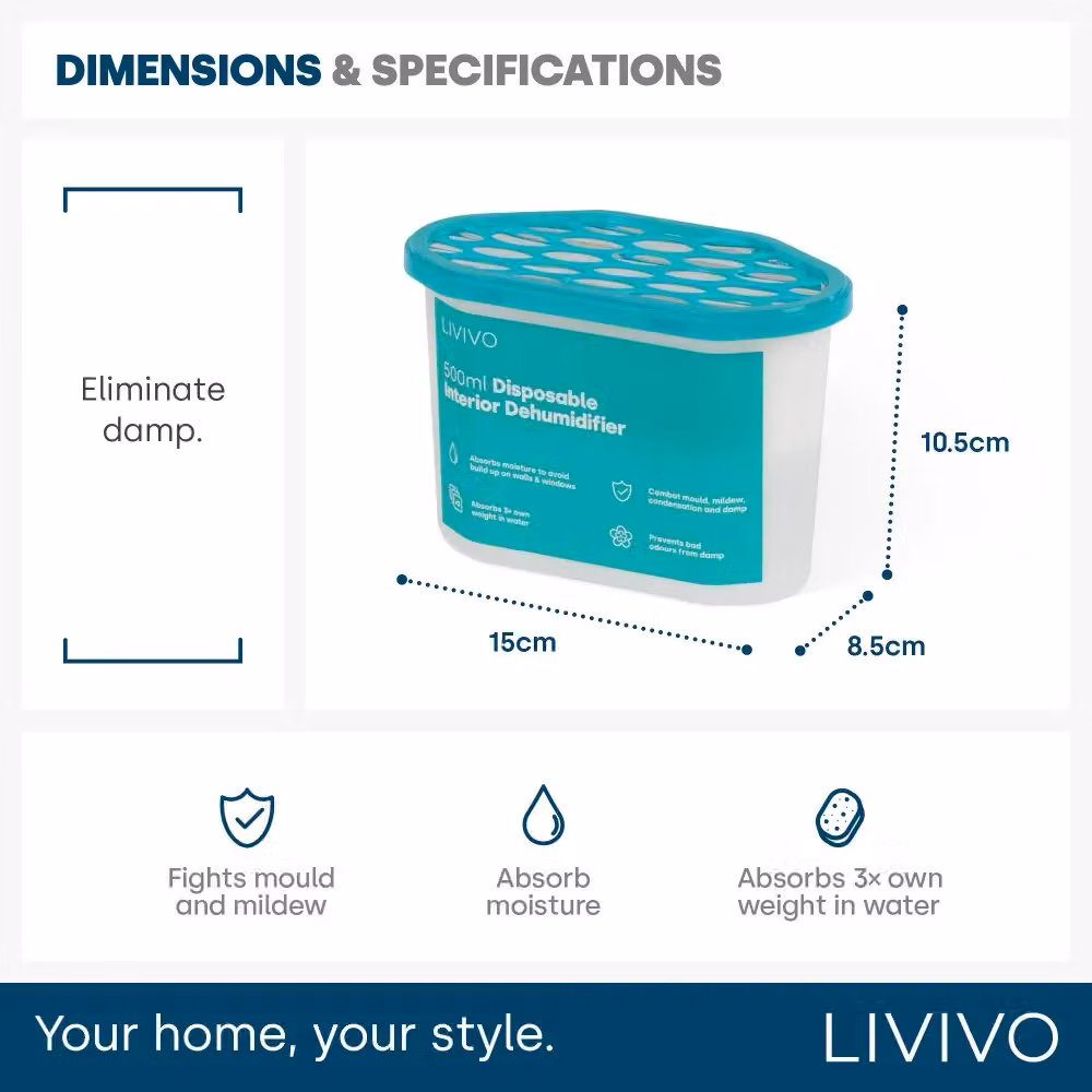 LIVIVO Disposable Interior Dehumidifiers, 500ml, 10-Pack, Transparent and White – 5