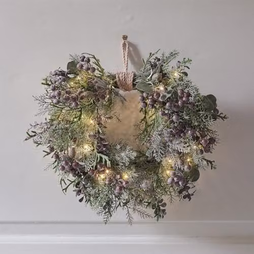 Lights4fun Purple Berry Pre-Lit Heart Wreath with 40 Warm White Micro LEDs
