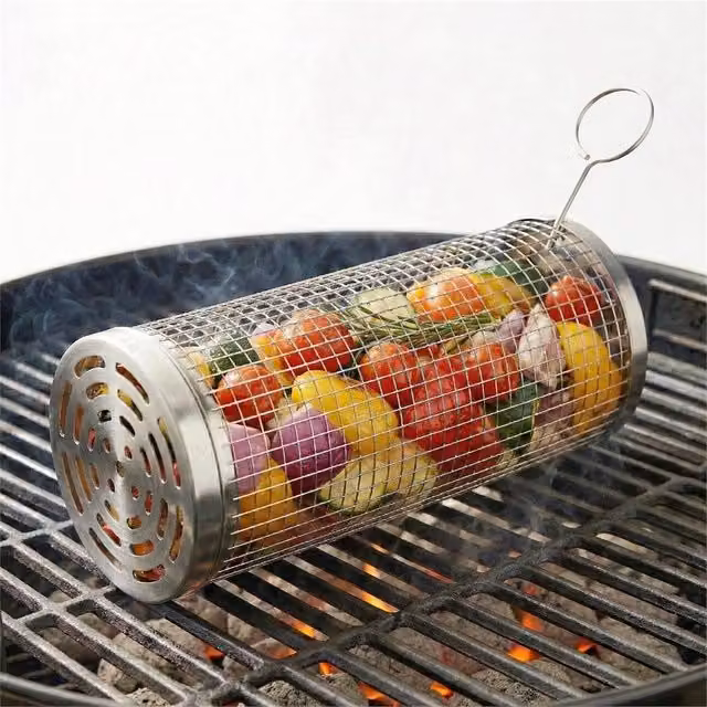 SPETLEK BBQ Rolling Grill Basket in Silver Stainless Steel
