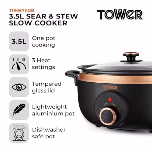 Tower Sear & Stew 3.5L Slow Cooker in Black and Rose Gold – 8