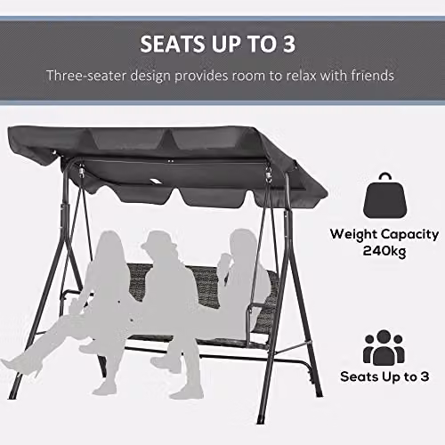 Outsunny 3-Seater Outdoor PE Rattan Swing Chair with Adjustable Canopy and Powder Coated Steel Stand, Grey – 4