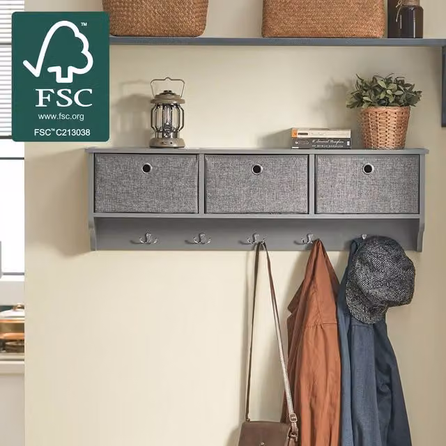 SoBuy Wall-Mounted Coat Rack with 5 Hooks and 3 Baskets in Grey – 1