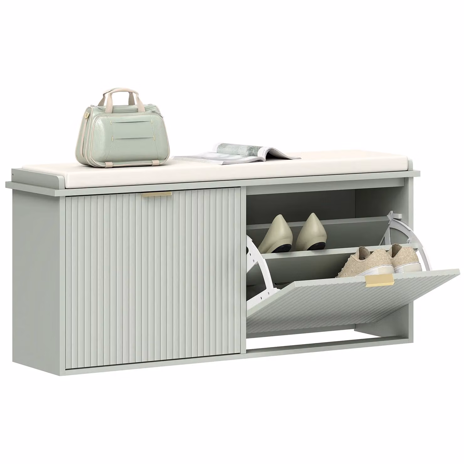 HOMCOM Shoe Storage Bench with Cushion and Flip-Drawer, Green, W: 104 cm, D: 26 cm, H: 47.5 cm – 2