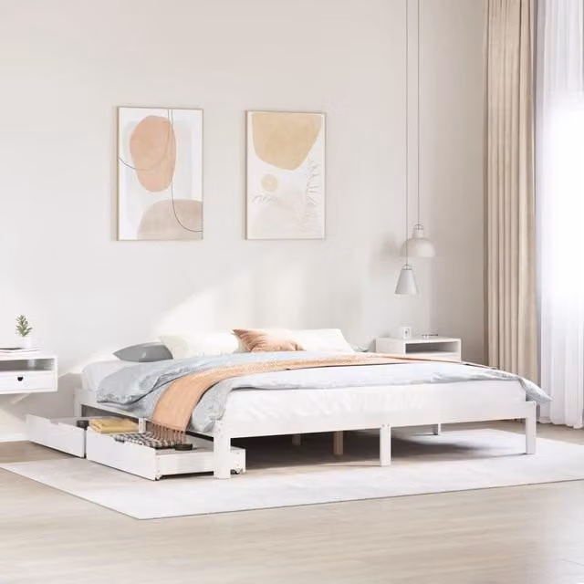 Berkfield Home Rustic Pine Bed Frame with Drawers, White, 200 x 200 cm