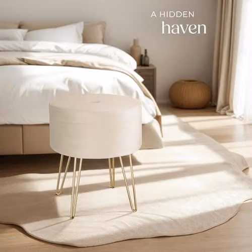 tectake Ava Round Velvet Stool with Storage Compartment in Beige and Gold – 2
