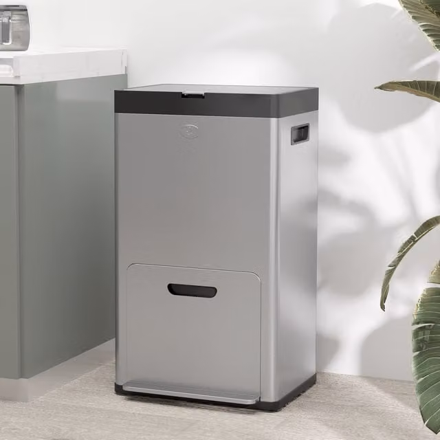 HOMCOM 56L 3 Compartment Stainless Steel Kitchen Bin with Flip Lid in Silver