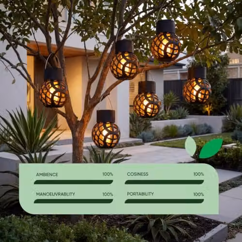 Gardenwize Set of 6 Solar Powered Hanging Dancing Flame Lantern Lights, Black, H 14cm x W 7cm x D 7cm – 8