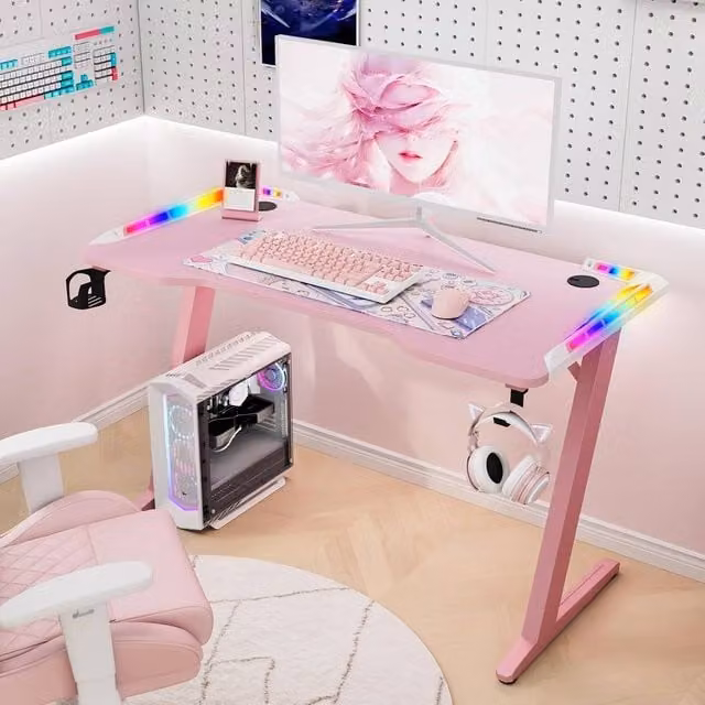 KEEPREAPER Pink Gaming Desk with LED Lights and Cup Holder, W: 155.0 cm, D: 60.1 cm, H: 44.9 cm