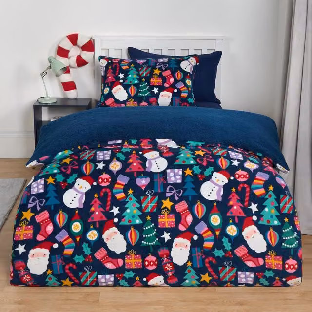 OHS Christmas Festive Fun Fleece Duvet Cover Set, Blue, W: 140 cm, L: 200 cm