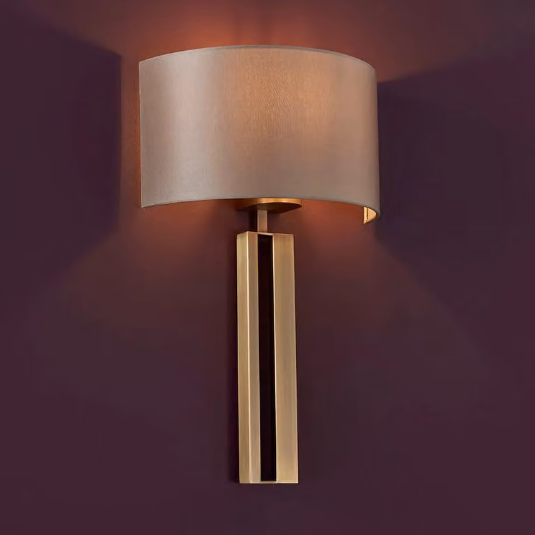 Loops Antique Brass Slotted Wall Light Fitting with Mink Satin Half Shade, Dimmable LED