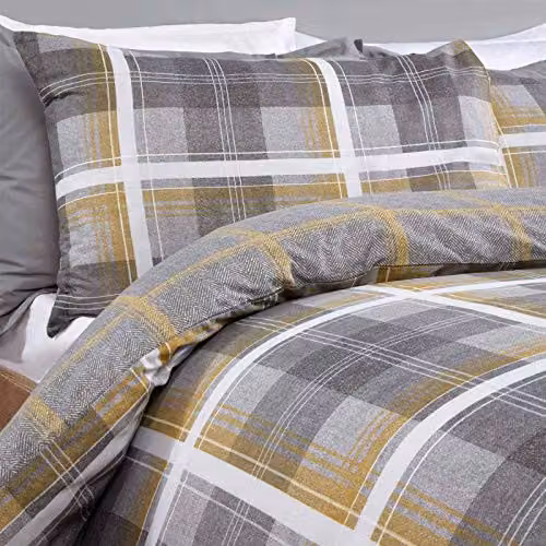 Dreamscene Reversible Checked Duvet Cover and Pillowcase Set in Yellow and White, Single, W/H: 90 x 200 cm – 2