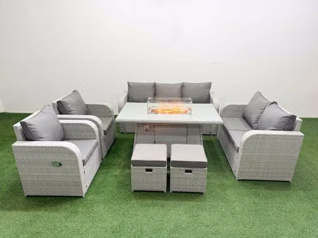 Fimous PE Rattan Garden Furniture Set in Light Grey with Reclining Chairs, Double Love Seat, Firepit Dining Table and 2 Stools