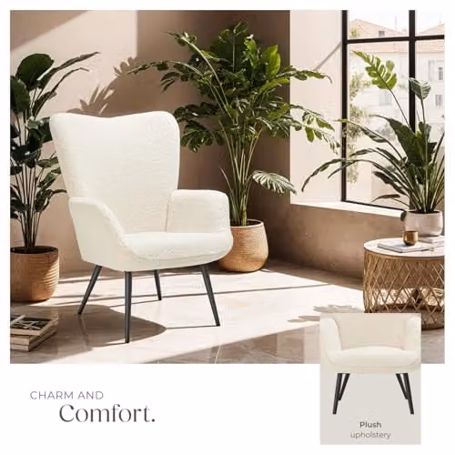 tectake Scandi Style Bouclé Armchair with High-Density Foam Padding and Metal Legs in Black and White – 4
