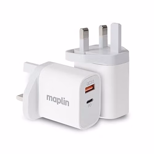 Maplin 35W 2 Port USB Wall Charger with 1x USB-A and 1x USB-C PD QC 3.0, White – 1