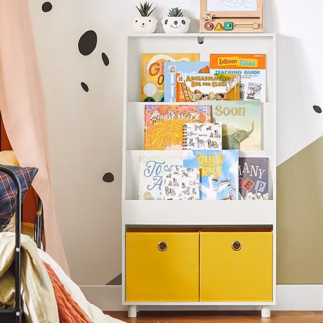 SoBuy Childrens Standing Book Storage Display Shelf with 2 Fabric Boxes, White and Yellow