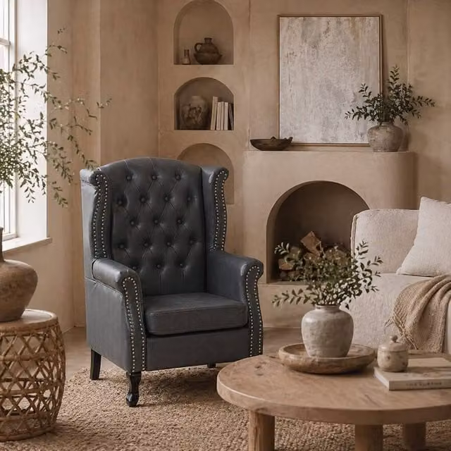 Wyld Haus Radima Grey Faux Leather Chesterfield Wingback Accent Armchair W/D/H: 70 x 70 x 108 cm