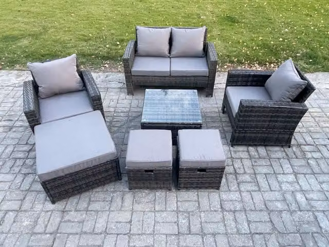 Fimous Rattan Wicker Garden Furniture Set in Dark Grey with 2 Seater Sofa, Armchair, Square Coffee Table and 3 Footstools
