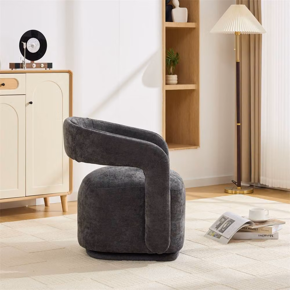 Direct Wicker Chenille 360 Degree Swivel Armchair in Dark Grey with Fabric Upholstery and Solid Wood Base – 2