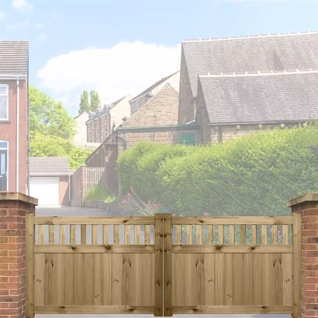 Premier Garden Supplies URBAN Interlocked Tongue Groove Double Driveway Gate with Picket Pale Top, Pressure Treated, W: 300 cm, H: 120 cm