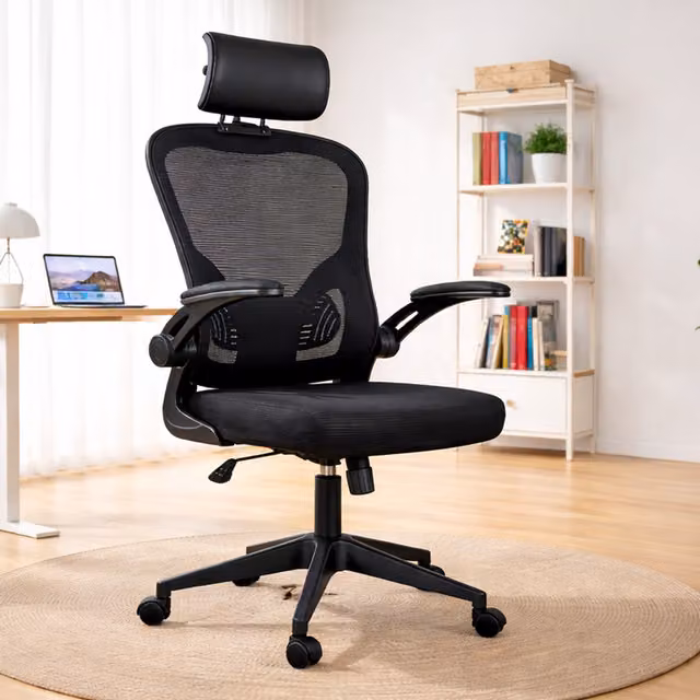Home Treats Ergonomic Black Mesh and Fabric Office Chair with Armrests and Headrest, W/D/H: 54 x 54 x 129 cm